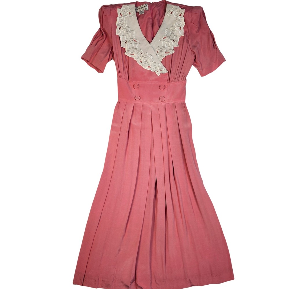 Karin Stevens Vintage Rose Pink Lace Collar Pleated Midi‎ Dress Womens 6 Rayon